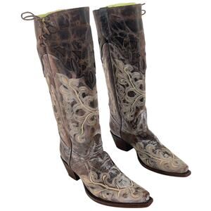 Rock'em Brown/Cream Leather Embroidered Thigh High Boots Women’s Size 8 Preowned
